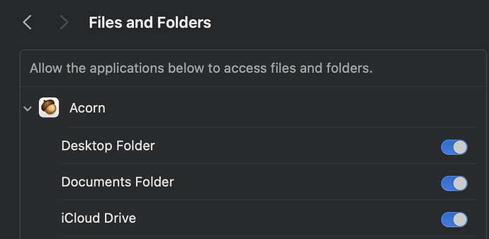 20260329 Acorn under "Privacy & Security, Files and Folders" in macOS Sonoma